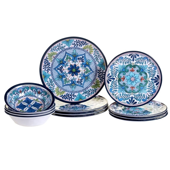Talavera Melamine 12-Pc Dinnerware Set, Service for 4, Blue & Aqua