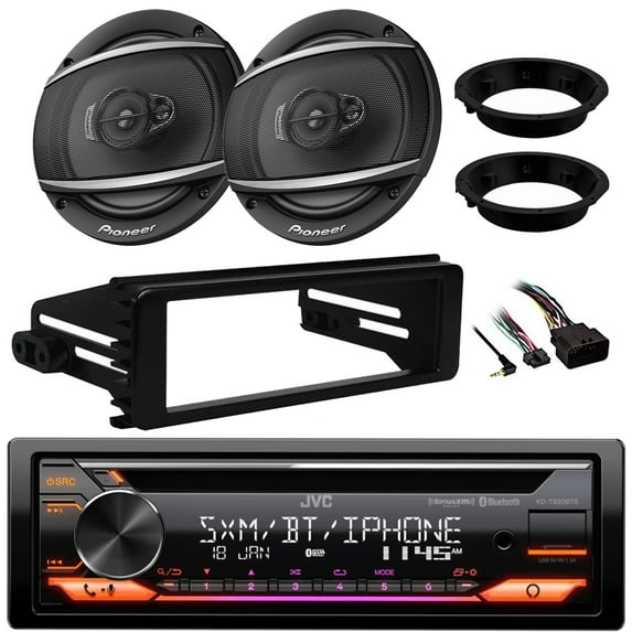 JVC KD-T920BTS Single DIN AM/FM Radio Stereo USB AUX CD Player Bluetooth Multimedia Car Audio Receiver with Amazon Alexa Built-In, JVC 6.5" Speakers & Adapters, 98-13 FLHT Harley FLHX In-Dash Kit