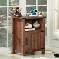 Nightstand for Bedroom with Charging Station, Farmhouse End Tables for Living Room with Shelf & Barn Door, Walnut