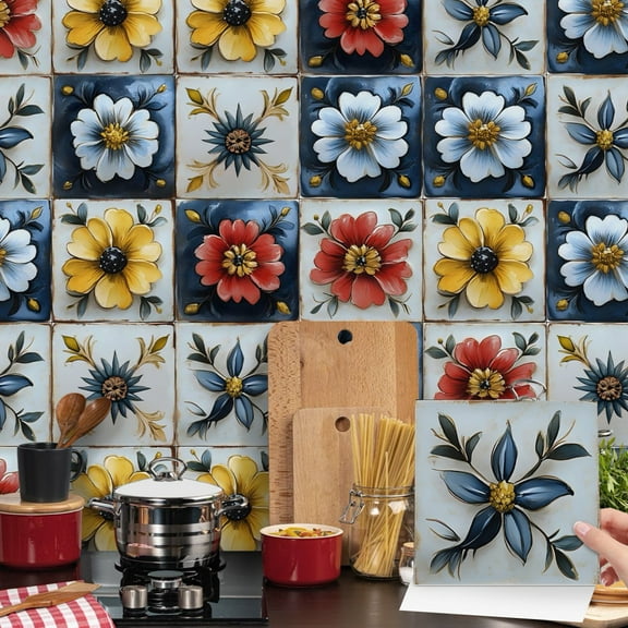 24Pcs/Set Self Adhesive Tiles Stickers Multicolor Flowers Pattern 6" x 6" Kitchen Backsplash Wall Decals DIY Decor Peel and Stick Waterproof Tile Mural