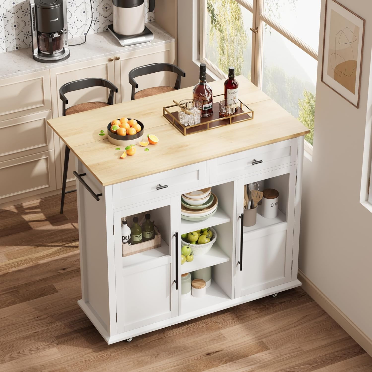 Foldable Kitchen Island Cart with Wheels, 2 Glass Doors, Home Kitchen Spice Rack & Towel Holder – Compact Mobile Storage Cart for Small Kitchens, Dining Rooms, Camping & RVs