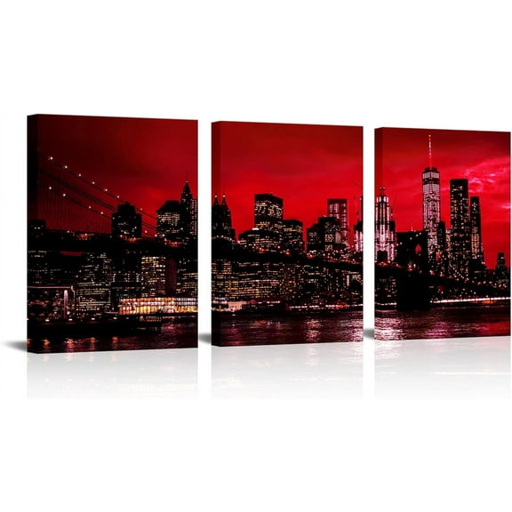 3 Pieces New York City Wall Art Canvas Black and White Red Brooklyn Bridge Night Skyline Picture Photo Print Modern Cityscape Poster Painting for Home Office Living Room Decor (Small) (Red)