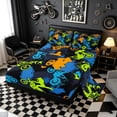 thumbnail image 2 of Meiyoeat Sport Motorcycle King Sheets 4Pcs,Graffiti Splash Print Bedding,Blue Green Orange Black,1 Flat Sheet,1 Fitted Sheet and 2 Pillowcases, 2 of 6