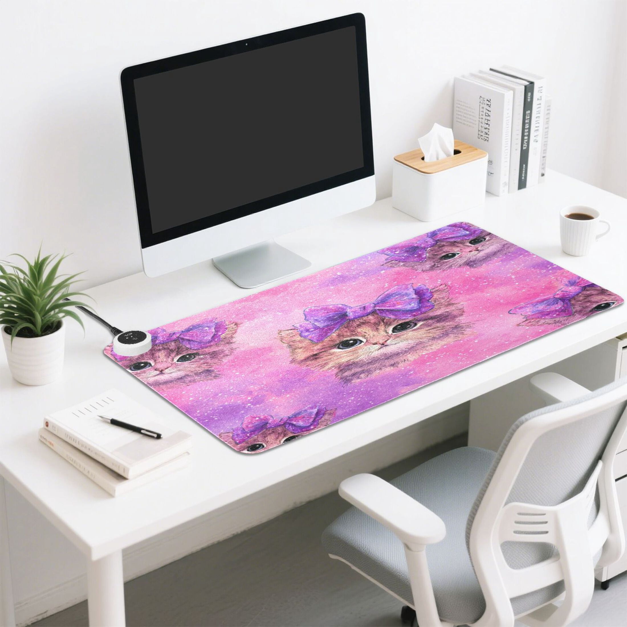 Large Heated Desk Mat Mouse Pad 31.5"x13"PU Leather Graphene Heating Desk Warmer with 3 Temperature Settings 110V US Plug Non-Slip Warm Pad for Home, Office, and Gaming Adorable Orange Cat Pattern