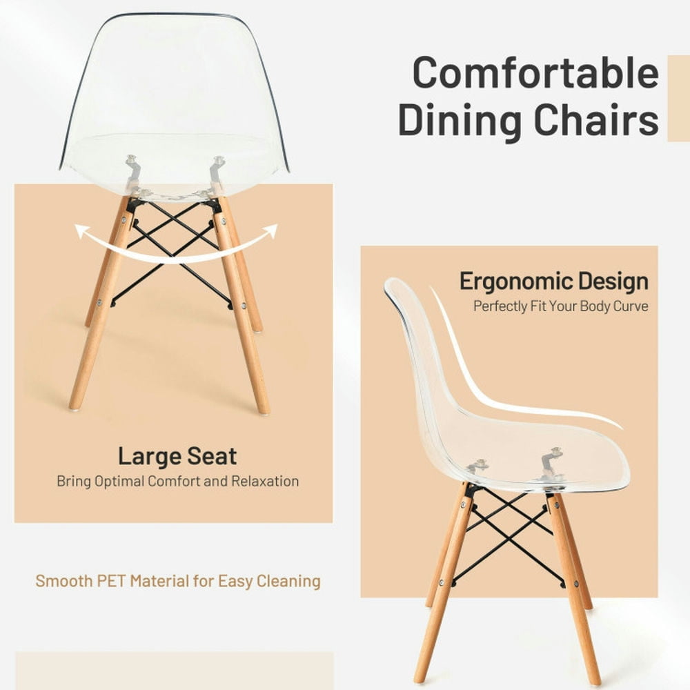 Demi Bonn Set of 4 Dining Chairs Modern Plastic Shell Side Chair with Clear Seat and Wood Legs for Dining Room Living Room, Beige