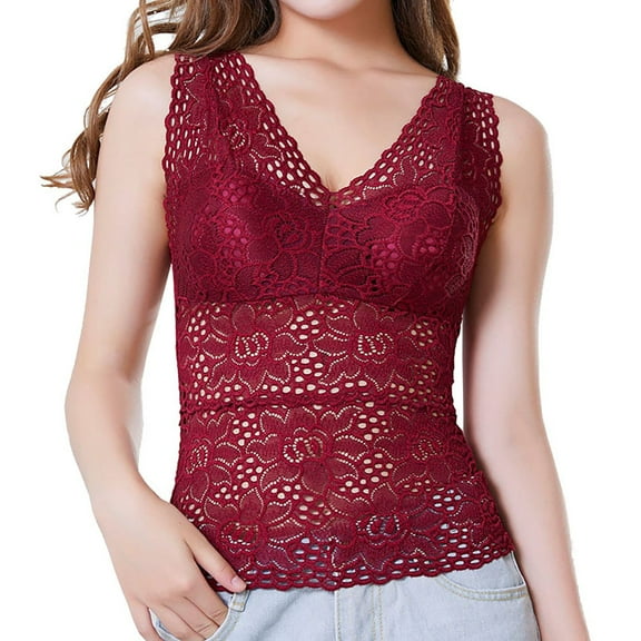 Women's Mesh Lace Sleeveless V Neck Sheer Tank Top Wide Shoulder Strap Backless Tank Top Blouse Anti-light Bottoming Vest with Chest Pad Burgundy red Large size