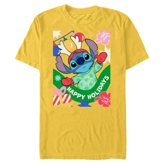 Disney Lilo & Stitch Happy Holidays 100% Naughty Christmas - Short Sleeve Blended T-Shirt for Adults - Customized-Yellow