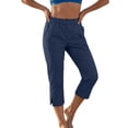 thumbnail image 2 of Bloomae Linen Capri Pants for Women Wide Leg Comfy Lightweight Casual Side Slit Summer Beach Elastic High Waist Capris Cropped Lounge Trousers with Pockets, 2 of 9