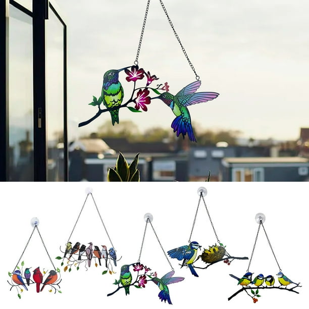 Colgante de 4 Pájaros, Diseño Colorido de Hierro Pintado a Mano, Decoración Alegre para Ventanas, Ilumina Cualquier Espacio, con Ventosa, Arte Único Hecho a Mano, Gran Regalo para Seres Queridos, 1 A