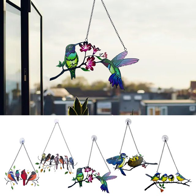 Xihbxyly Colgante de 4 Pájaros, Diseño Colorido de Hierro Pintado a Mano, Alegre Decoración para Ventanas, Ilumina Cualquier Espacio, con Ventosa, Arte Único Hecho a Mano, Gran Regalo para Seres Quer