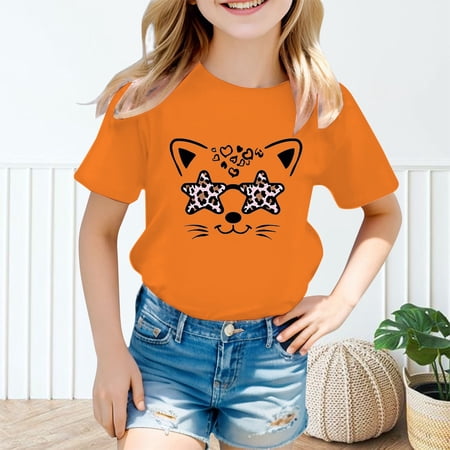 YAYUBA Girl Tops Size 8-9 Cartoon Print Round Neck Back To School Short Sleeve T-Shirt Loose Soft Dress Shirt Preppy T-Shirts Toddler To Big Kid Sizes