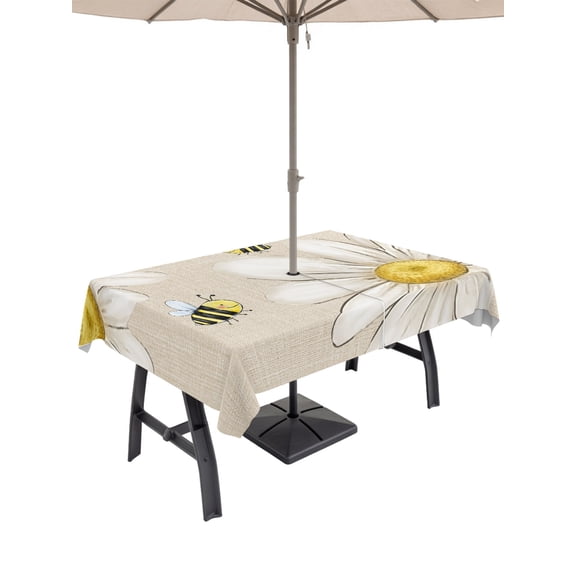 60x84 Inch Outdoor Tablecloth with Umbrella Hole Zipper Rectangle White Daisy Rustic Rectangular Tablecloths Outside Waterproof Pastoral Flowers Honeybees Burlap Patio Table Cloth Cover for Picnic