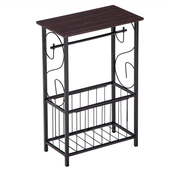 HUJHKIO Narrow Side Table with Storage Basket & Toilet Paper Holder, Small End Table for Living Room Bedroom, Slim Nightstand Bedside Table Space-Saving for Magazine, Rustic Brown