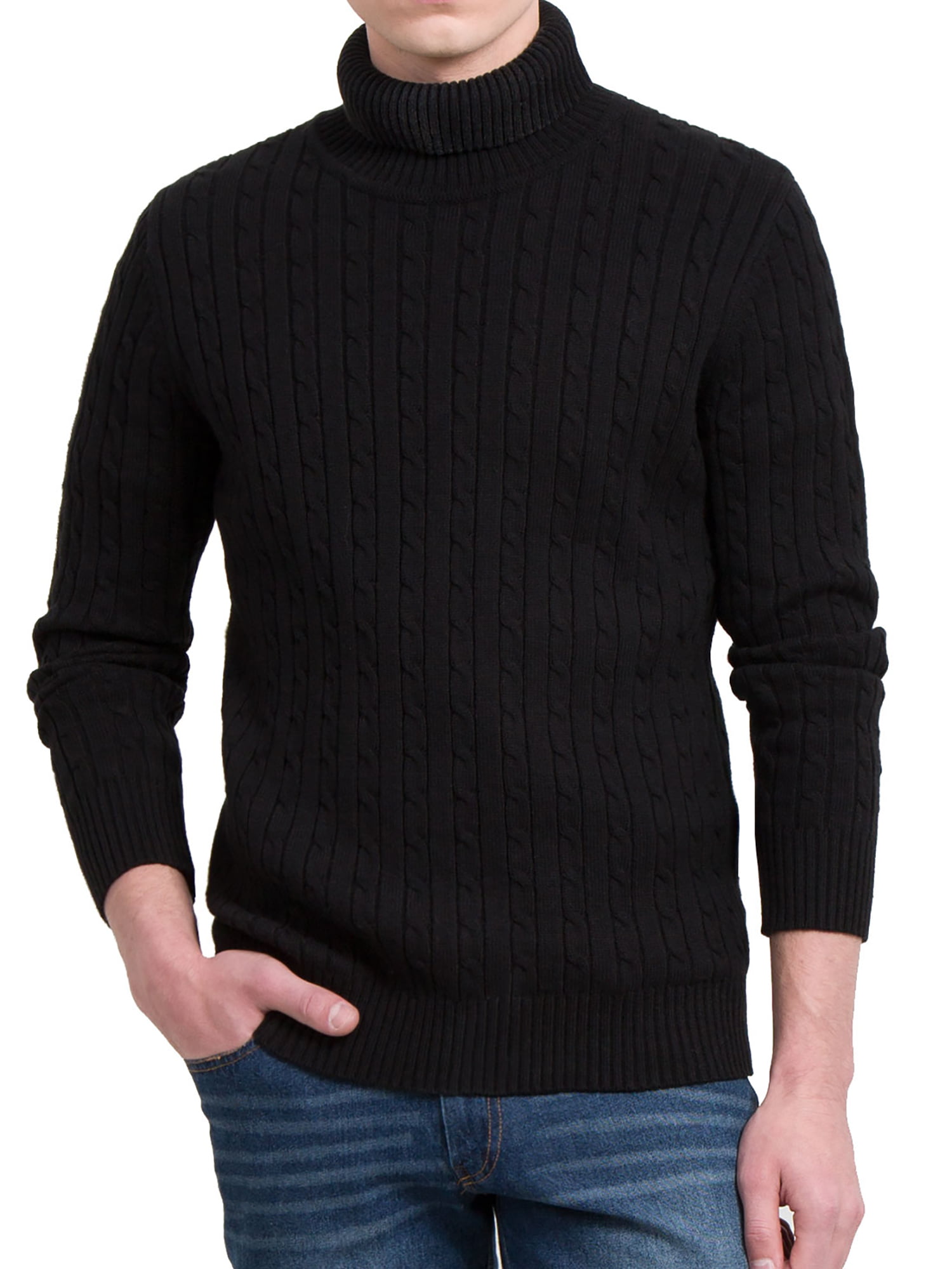Men Turtle-neck Long Sleeves Cable Knitted Sweater Black XL | Walmart ...