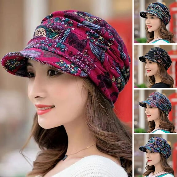 Foldable Earflap Cap for Women Ethnic Floral Print Short Brim Winter Hat