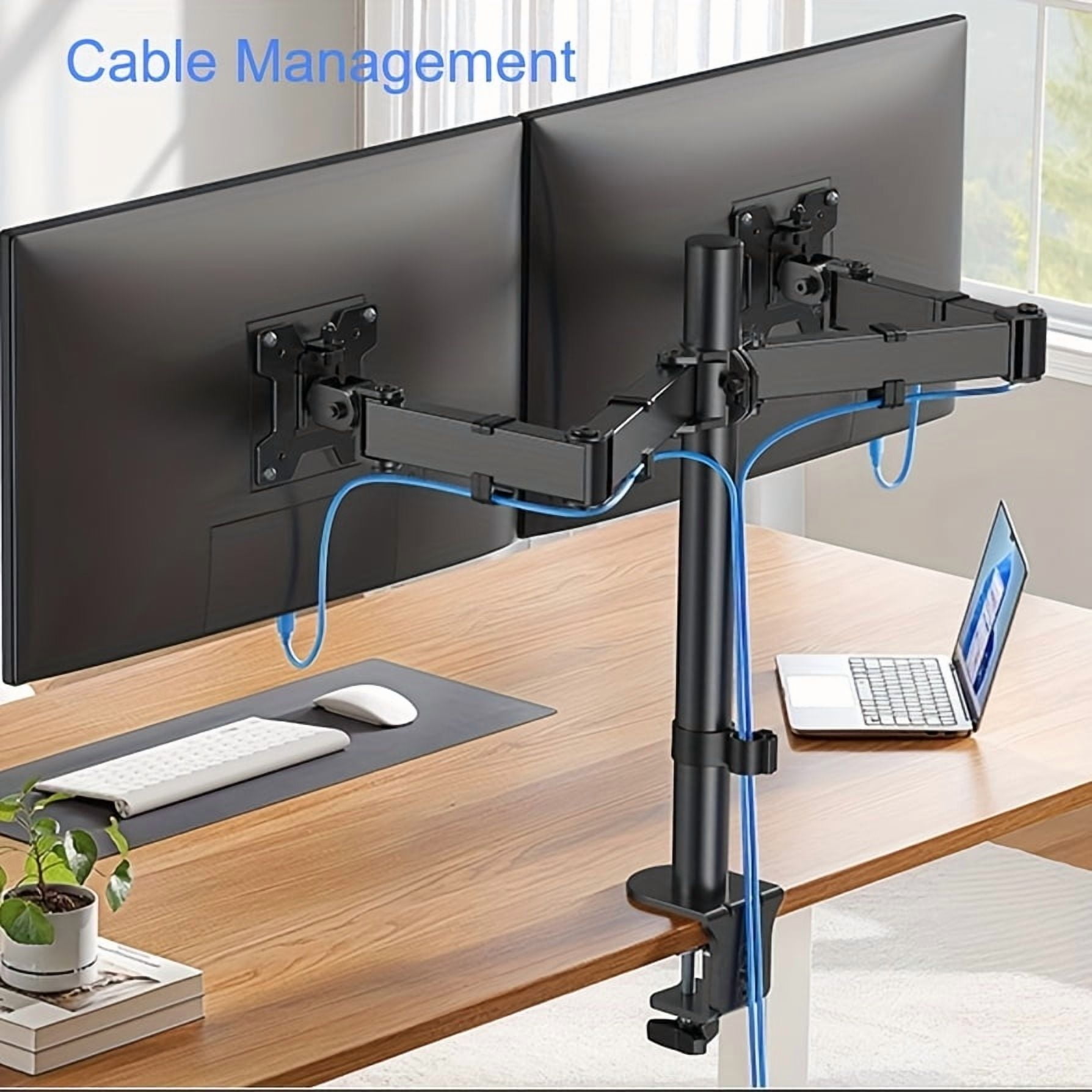 Heavy Duty Dual Monitor Stand for 13-32 Inch Screens, Fully Adjustable Desk Mount with C-Clamp/Grommet, 45° Tilt 360° Rotation, VESA 75/100, Holds 17.6lbs per Arm, Black