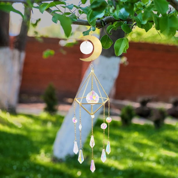 Carillón de viento de cristal que atrapa la luna, marco de metal, bola puntiaguda, flor de cuentas (A) Wdftyju Libre de BPA