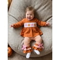 thumbnail image 3 of Loicainy Baby Toddler Girl Halloween Outfits 6 12 18 24 Months 2T 3T 4T Pumpkin Bow Embroidery Long Sleeve Round Neck Tops + Elastic Waist Plaid Flare Pants 2 Pcs Clothes Set, 3 of 9