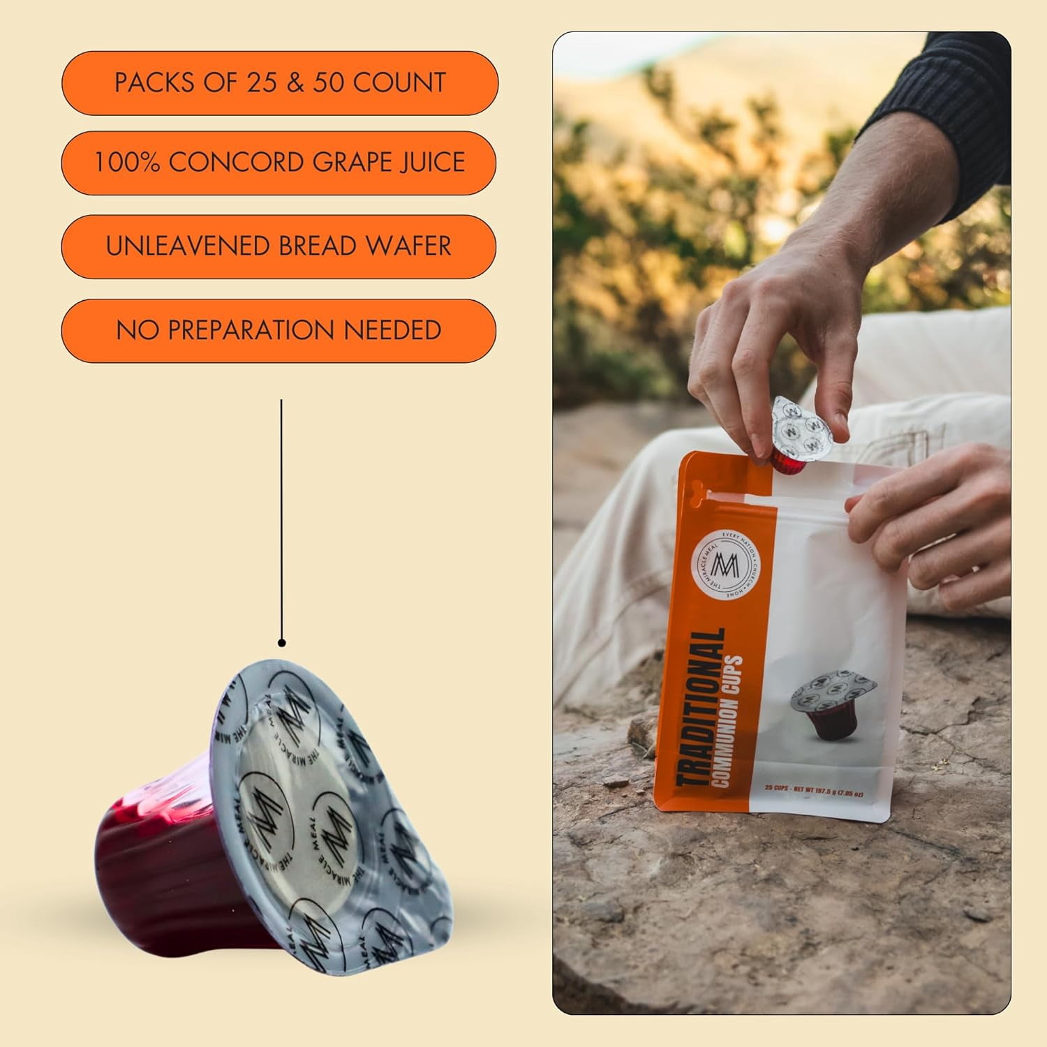 Travel Pack - The Miracle Meal Pre-Filled Traditional Communion Cup - Bag of 50 with Wafer and 100% Concord Grape Juice