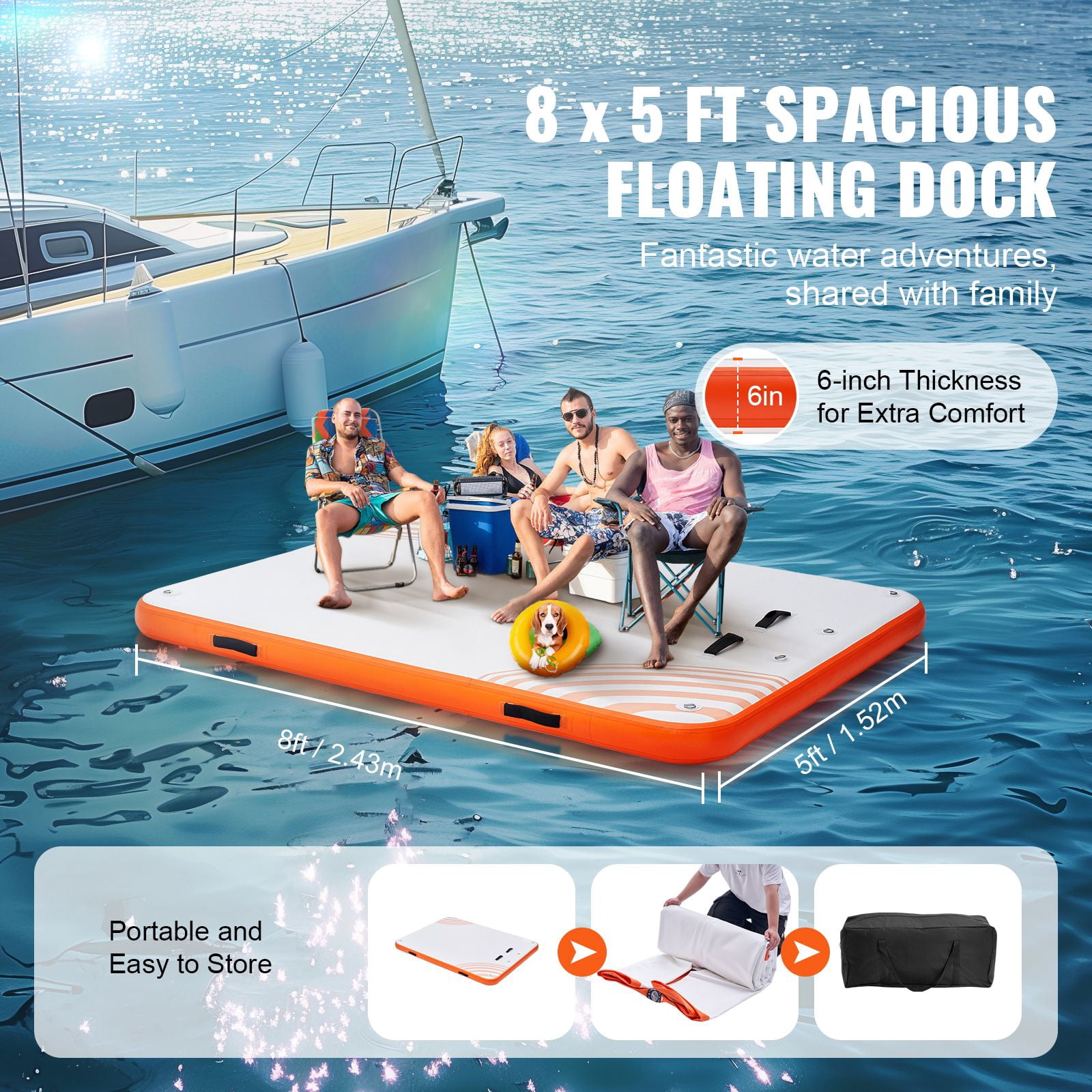 Inflatable Floating Dock,8' x 5' Inflatable Floating Dock Mat – Non-Slip Water Platform with Carry Bag & Removable Ladder, Portable Pool Lake Ocean Raft by VEVOR