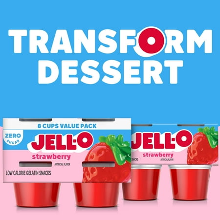 Jell-O Strawberry Sugar Free Jello Cups Gelatin Snack Value Pack, 8 Ct Cups