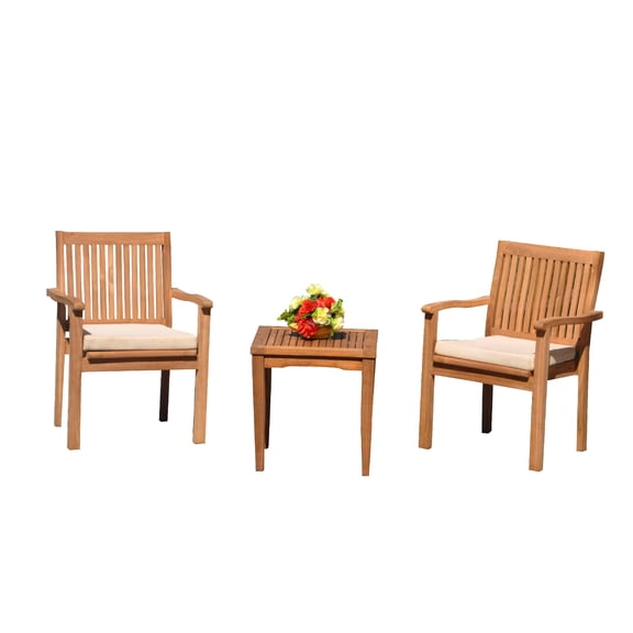 Grade-A Teak Dining Set: 2 Seater 3 Pc: Sack Side Table And 2 Leveb Stacking Arm Chairs Outdoor Patio WholesaleTeak #51LV0203