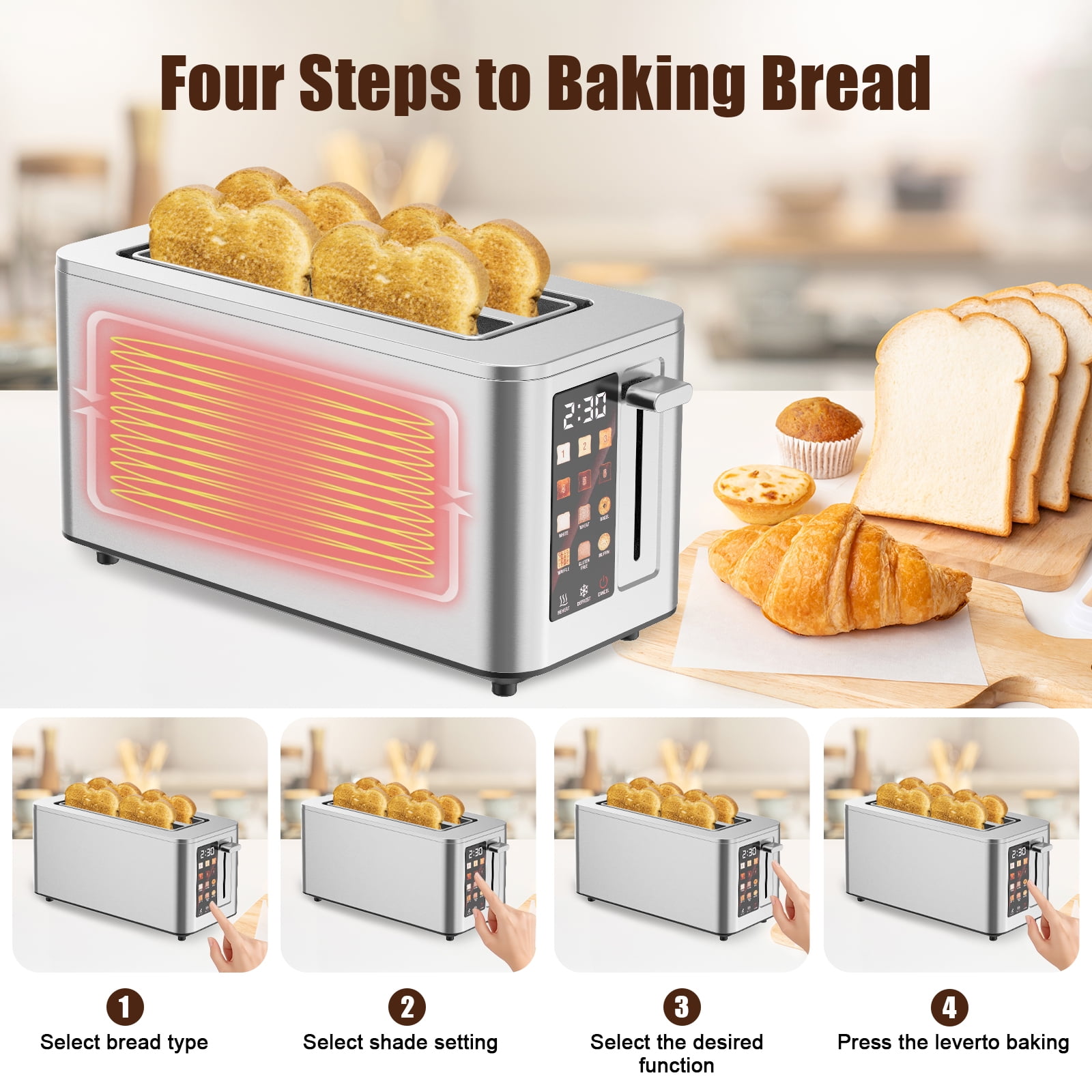 Touchscreen Smart 2 Slice Toaster Oven Stainless Steel Digital With 6-Level Browning Control Extra-Wide 1.5-Inch Slots