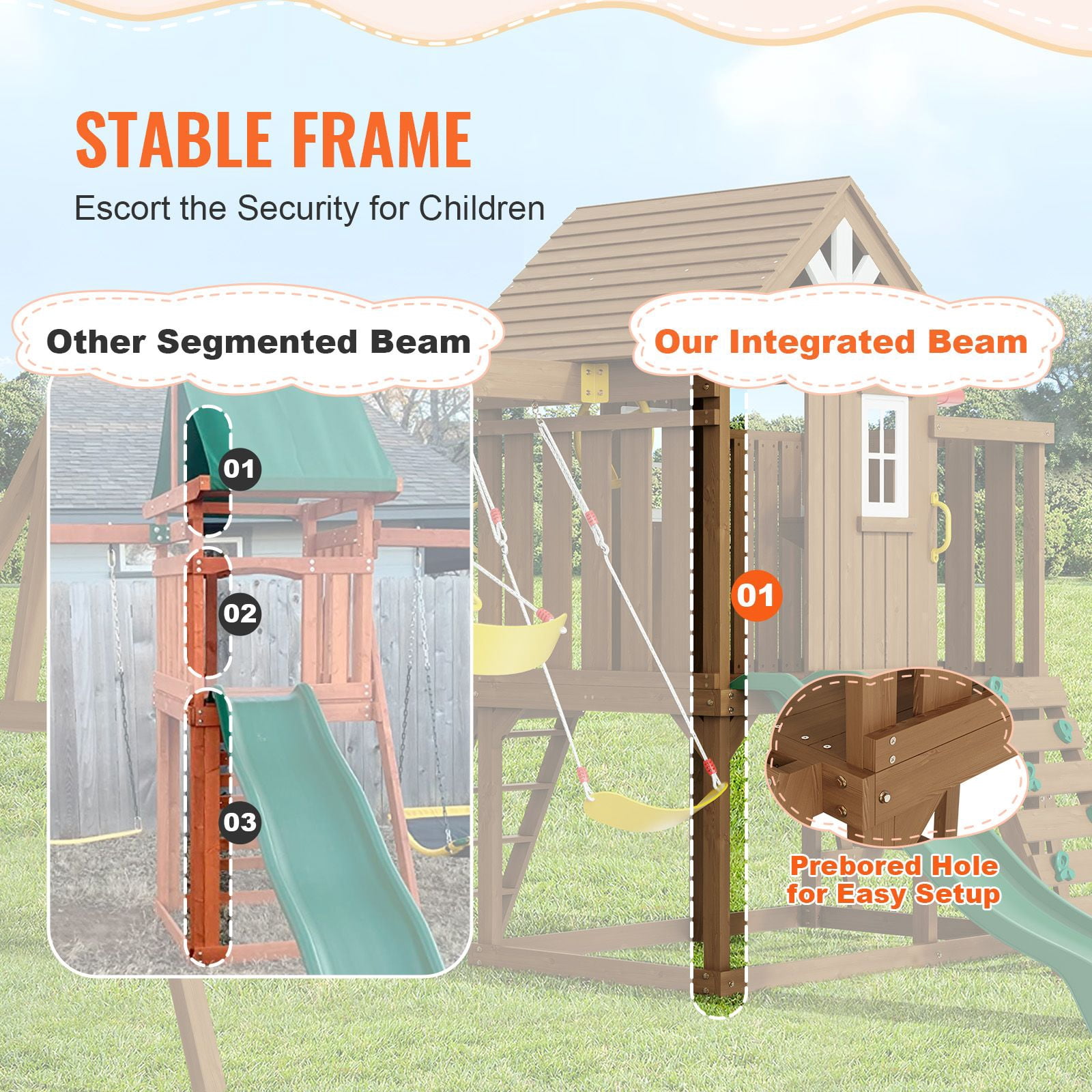 Wooden Swing Set, 9 IN 1 Outdoor Playground Sets for Backyards, 2 Swings, Trapeze Bar, 6 FT Slide, Large Upper Fort with Kitchen Toys, Flat Step Ladder, Rock Wall, Picnic Table, Sandbox