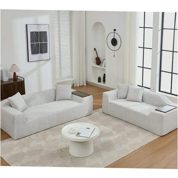 JERFIT Modern Boucle Fabric Sofa Set with End Tables, 5-Piece Cloud Couch for Living Room, Light Gray Sectional