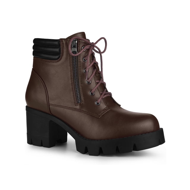 Unique Bargains Women's Chunky Heel Lace Up Zipper Combat Boots Coffee (Size 8.5)