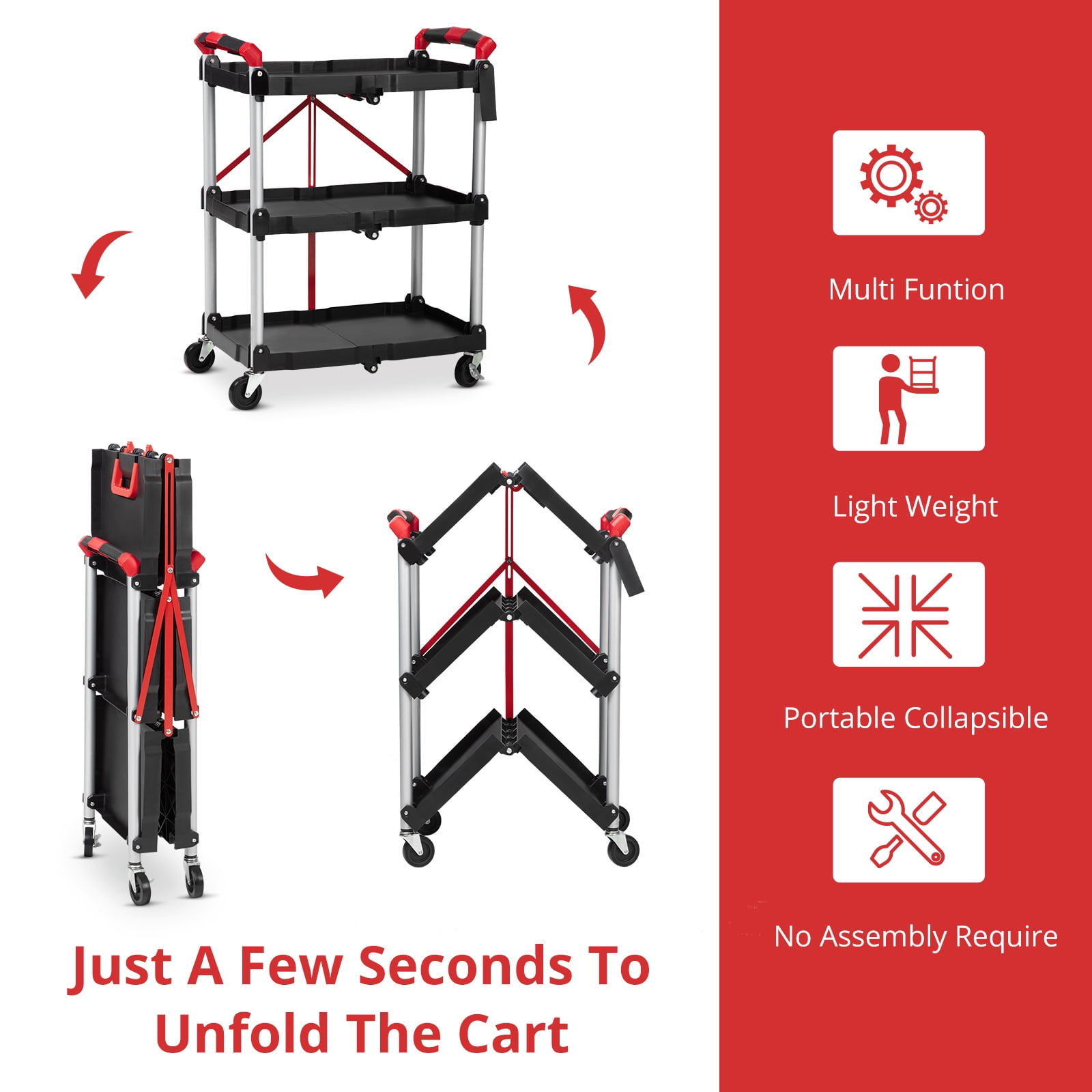 Foldable Utility Carts with Wheels, 3-Tierrolling tool cart,Collapsible Service Cart 168LB for Home, Office, Garage, and Warehouse,No Assembly Required