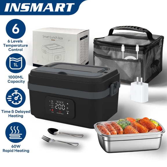 INSMART Cordless Electric Lunch Box for Adults, 1L Heated Lunch Box Battery Powered with Automatic Scheduled Heating, Food Warmer with Removable Tray Divider, Utensils, Bag, Dishwasher Safe