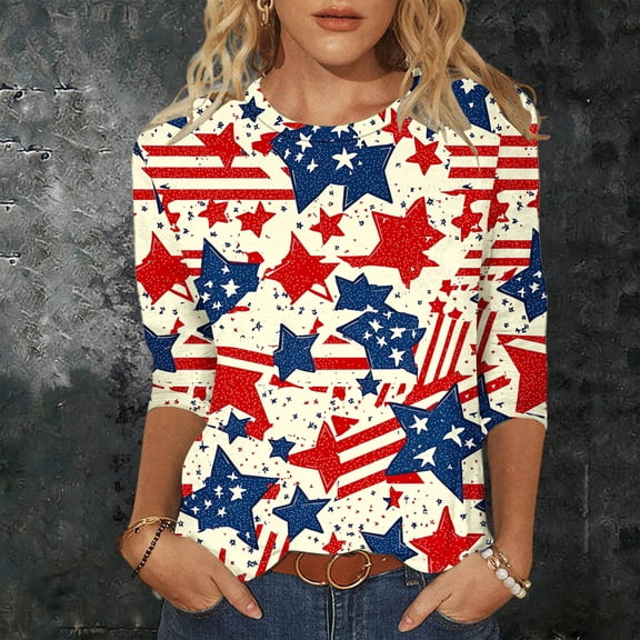 Jsaierl 4th of July Shirts for Women Plus Size Patriotic Red White and Blue Print T shirts Elegant 3/4 Sleeve Tees Flowy Crew Neck Blouses Tops