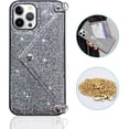 thumbnail image 2 of Compatible with iPhone 13 Pro Bling Case for Women, Glitter Diamond Sequins Case Small Credit Card Cash Holder Wallet Case with Shiny Crossbody Chain Hard PC Protective Girly Stand Case Black, 2 of 13