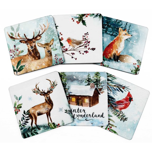 Inkdotpot Set of 6 Drink Coasters DecorativeNon-SlipCork Base4-inch Square PrintedCoastersEasy Clean, Winter Wonderland