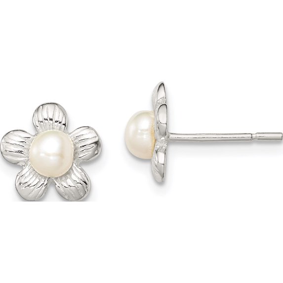 Sterling Silver Flower And Simulated Pearl Post Earrings (9 X 10) Made In India qe8631