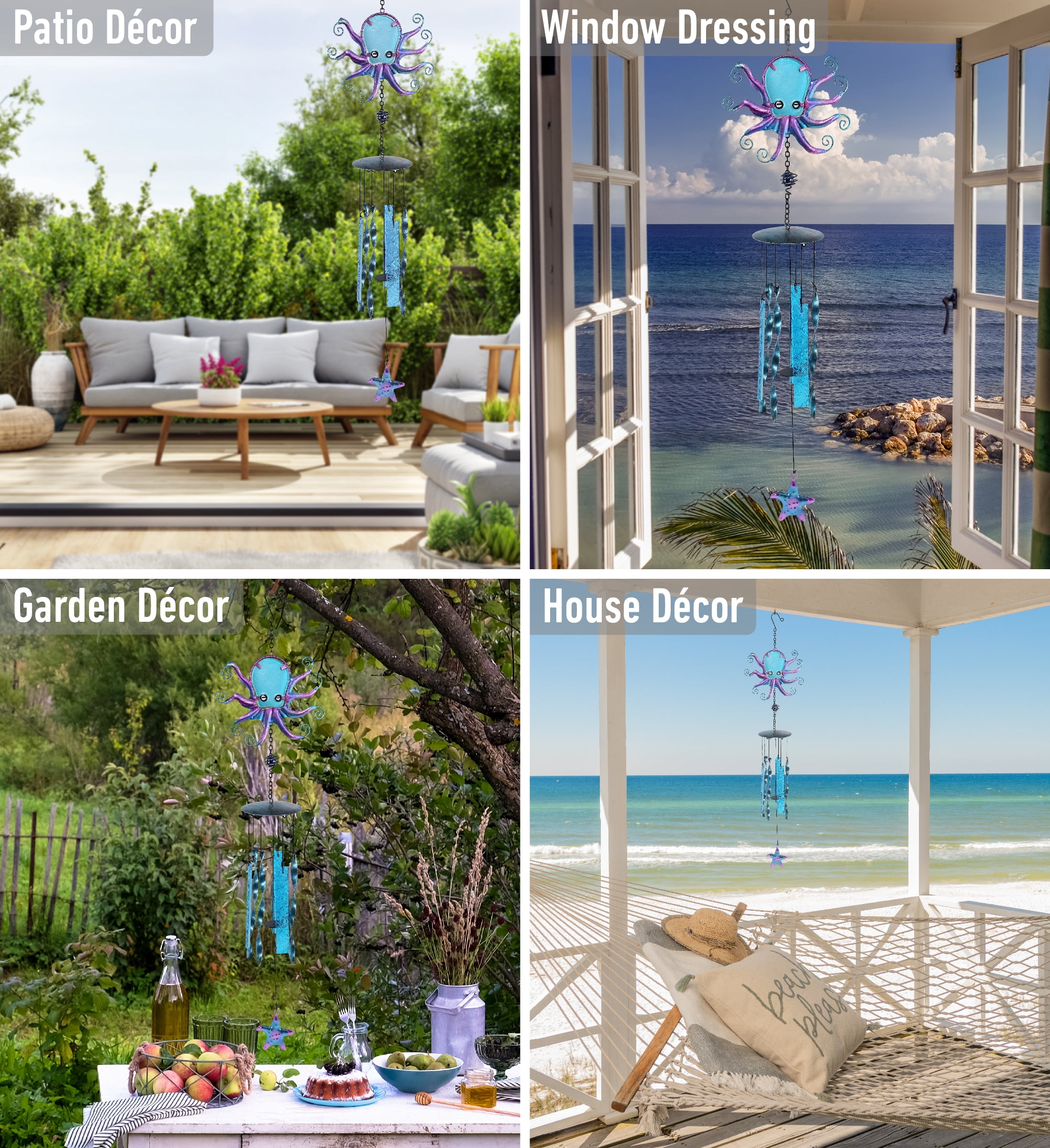 CoTa Global Octopus Wind Chime - Handmade Glass and Metal Chime - Ocean Life Hanging Decor - Colorful Home Decor Gift, Indoor and Outdoor Hanging Decoration for Porch, Patio and Garden – 27.5 Inches