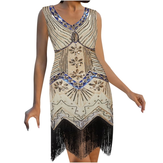 XFLWAM Women's 1920s Flapper Dress Sequins Art Deco Fringed Sleeveless Dress Vintage Cocktail Party Dresses Beige L