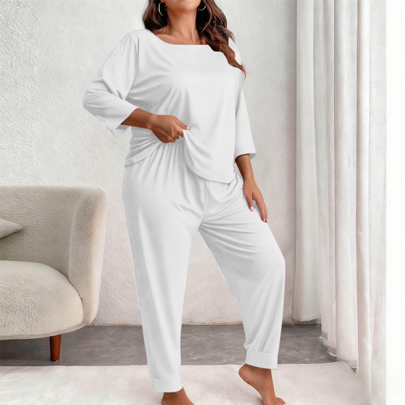 Gamivast Pajama Sets for Women 2 Piece Plus Size 3/4 Sleeve Crew Neck Comfy Loose Lounge Wear Soft Sleepwear with Cuffed Pants Spring Summer Outfits