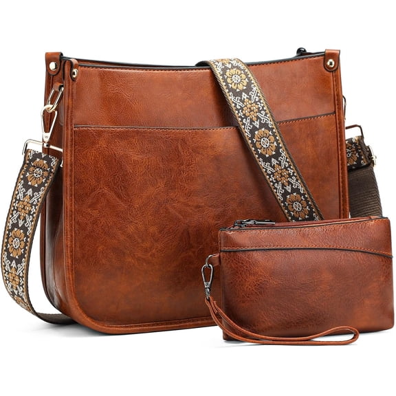 Crossbody Purse for Women Trendy Vegan Leather Hobo Bag with Wallet 2PCS and Guitar Shoulder Strap-brown-