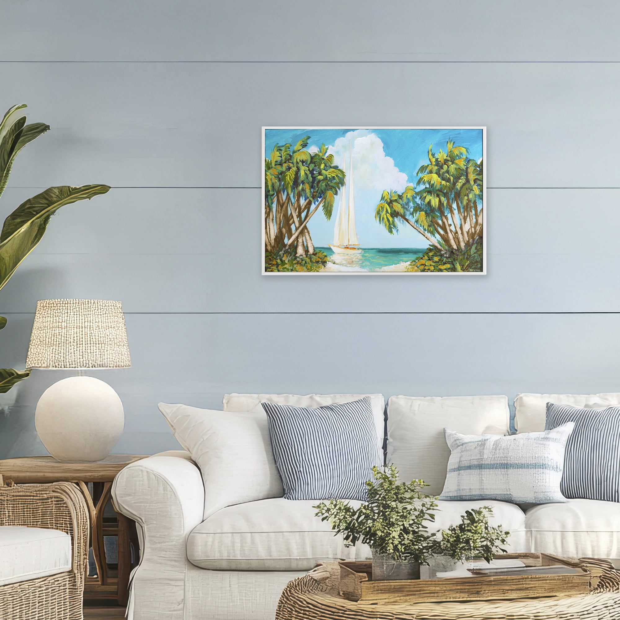 Stupell Industries Sailboat Among Palms White Framed Giclee Art, design by Dan Meneely