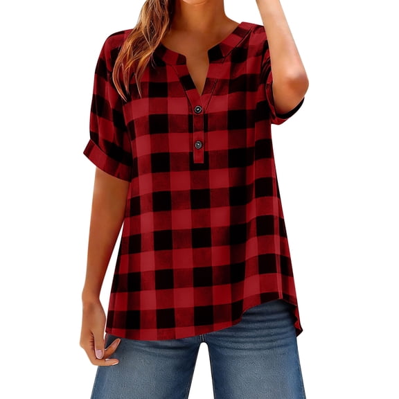 Staron Summer Tops for Women Casual Checkered Linen Shirt V Neck Short Sleeve Button-Up Loose Blouse, Red XXL