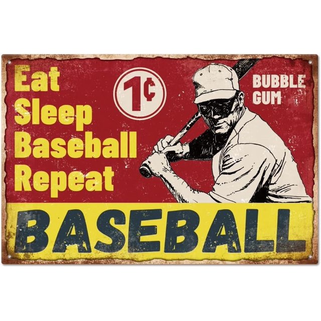 Letrero de hojalata de béisbol, letrero de hojalata vintage de metal, divertido letrero de hojalata con la frase "Eat Sleep Baseball Repeat" (Come, duerme, béisbol, repite) para decoración de pared,