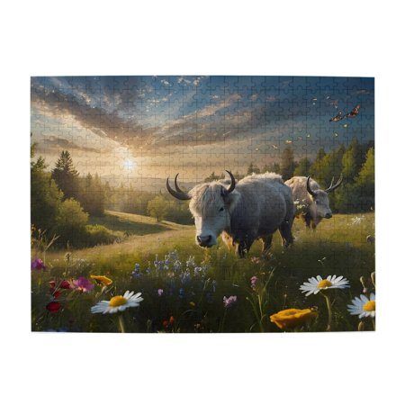 Sunset Meadow Yak Butterflies 500-Piece Wooden Jigsaw Puzzle for Adults Fun & Challenging Family Brain-Teaser Perfect Home Decor & Gift