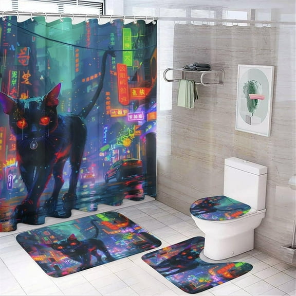 4Pcs Colorful Building Black Cat Shower Curtain Sets, Bathroom Decor Set with Rugs, Bath Mat Fantasy Cute Animal Shower Curtain, 72 X 72 Inch