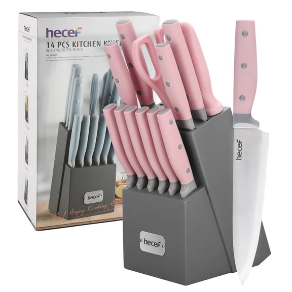 Hecef 14-Piece Pink Knife Set with Block and Sharpener, High Carbon Stainless Steel Kitchen Knives