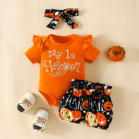 

Yiwula Girls Boys Short Sleeve Romper Bodysuits Cartoon Prints Short Pants Headbands Outfits