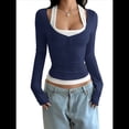 thumbnail image 2 of Camisetas Henley de Larga para Mujer, Blusa Básica Informal de Punto Acanalado con Botones y Corte Ajustado. Azul Marino XL, 2 of 7