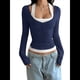 thumbnail image 2 of Camisetas Henley de Larga para Mujer, Blusa Básica Informal de Punto Acanalado con Botones y Corte Ajustado. Azul Marino L, 2 of 7