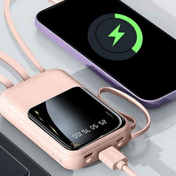 Batería portátil compacta con pantalla digital de 10 000 mAh y alta capacidad, con cable de carga.
